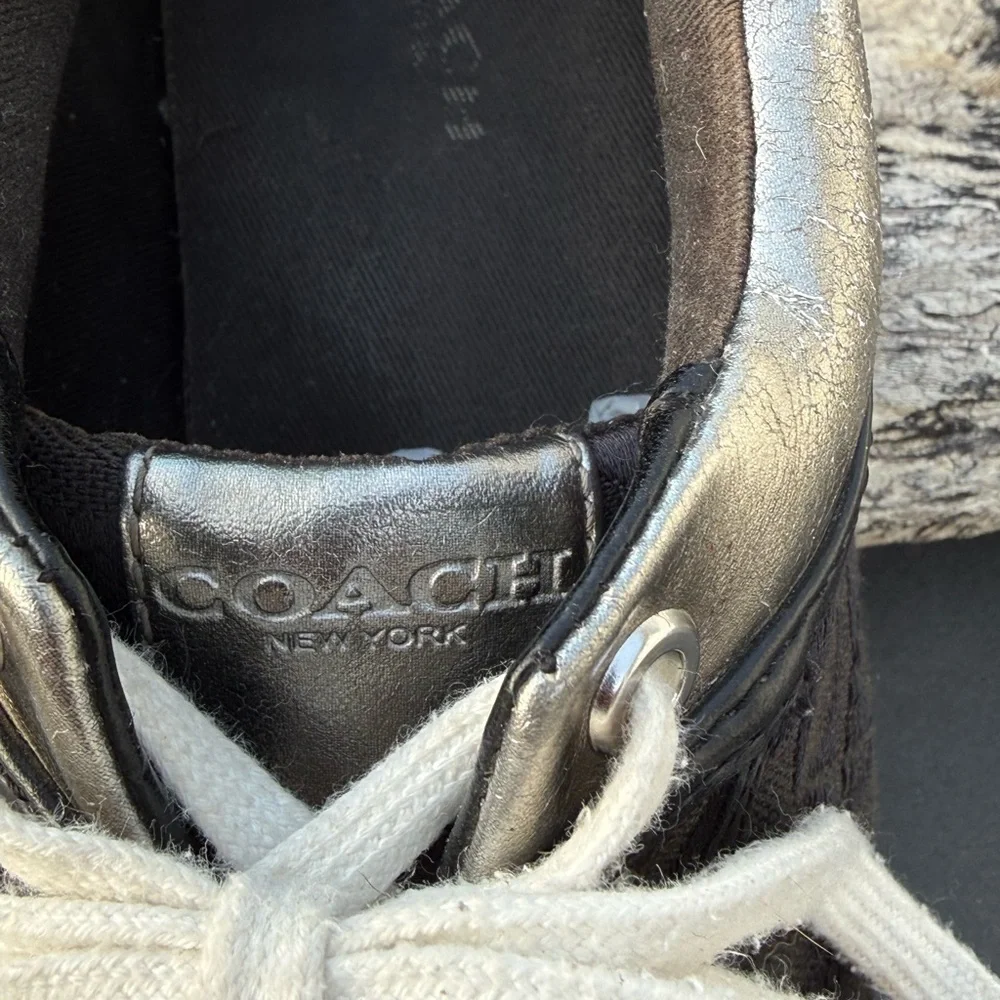 Coach Francesca lace-up sneakers in black metallic silver/pewter trim‎ 9.5